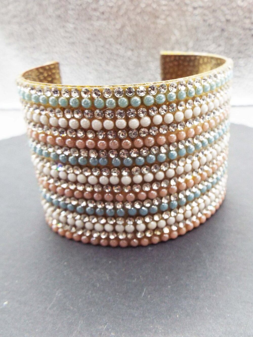 MASSIVE PERL BEADED & CRYSTALS ON BRASS CUFF BRACELET 19